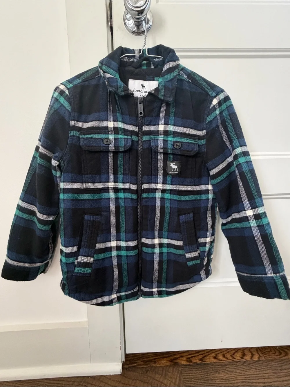 abercrombie kids navy and teal plaid puffer jacket